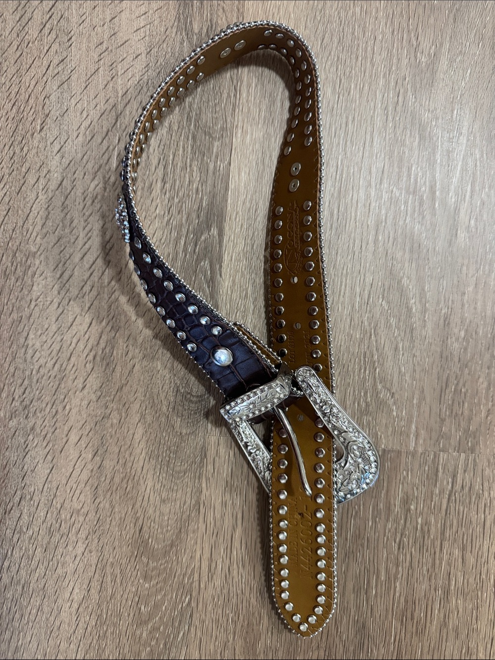 Jeweled Brown Leather Western Belt with Silver Buckle